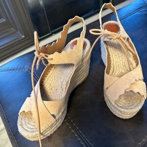 CHLOE Women's Beige AnKle Tie Suede Espadrille Wedge Sandals